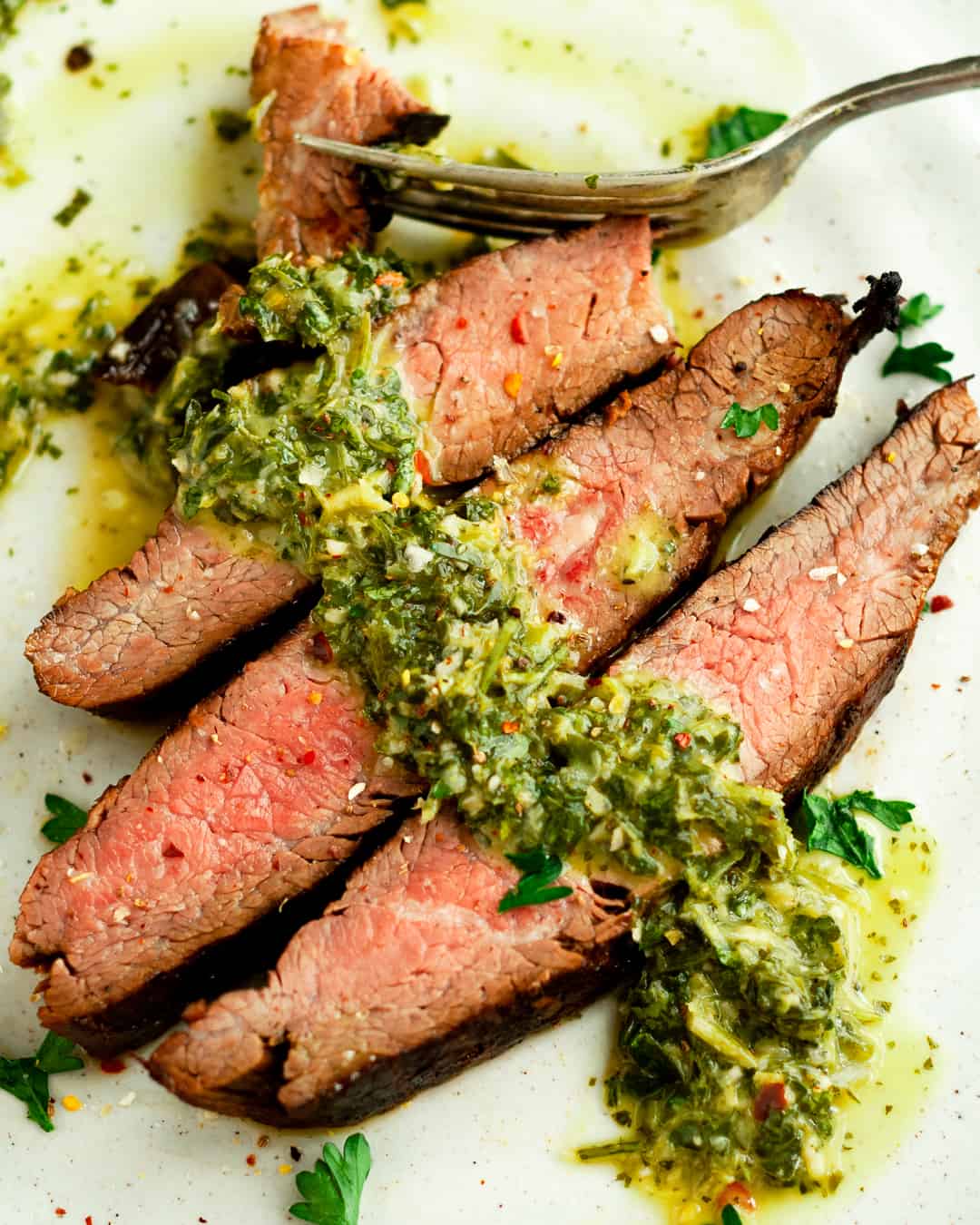 Cast iron Flank Steak with Lime Chimichurri Sauce